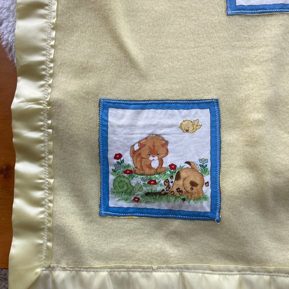 Vintage Hand Crafted Yellow Baby Blanket Animal Appliques Satin Edge Floor Time - Picture 12 of 16